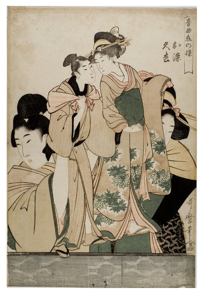 Osom a Hisamatsu ze série Manipulace lásky s hudebním doprovodem, cca 1755-1806 (dřevěný blok na papíře) od Kitagawa Utamaro