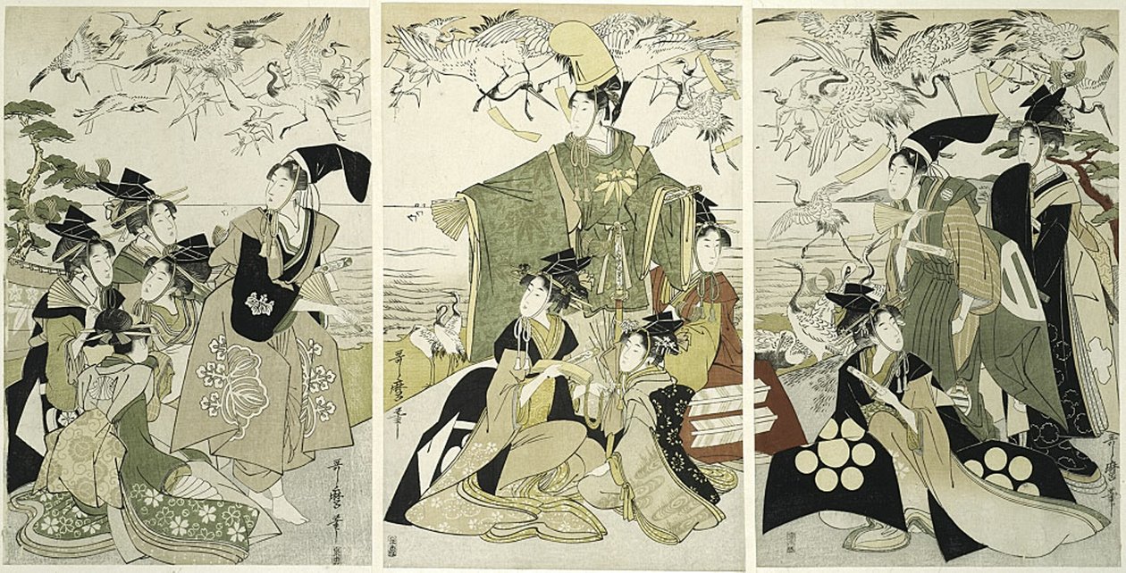 Parodie na Minamoto no Yoritomo Vzácné Nové gc Ranes At Yuigahama od Kitagawa Utamaro
