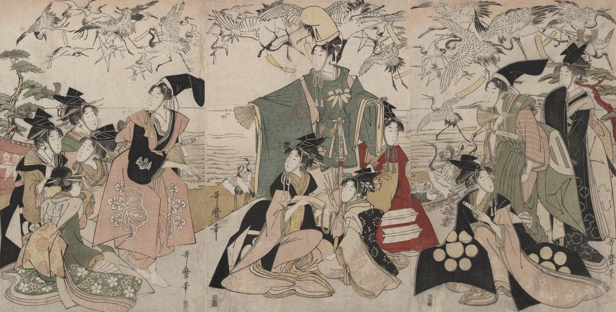 Parodie na Yoritomo pouštějícího jeřáby (Mitate Yoritomo hōkaku) od Kitagawa Utamaro