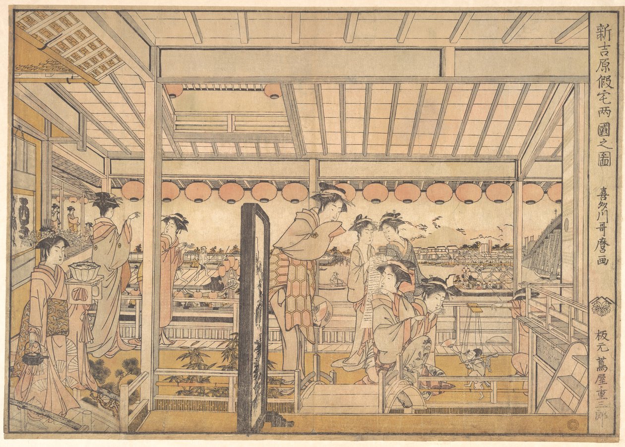 Obrázek dočasných ubytoven v nové čtvrti potěšení Yoshiwara v Ryōgoku  (Shin Yoshiwara Karitaku Ryogoku no zu) od Kitagawa Utamaro