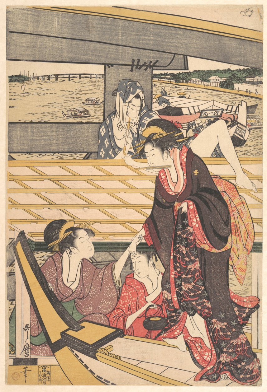 Výletní společnosti v člunech na řece Sumidě pod mostem Ryōgoku od Kitagawa Utamaro