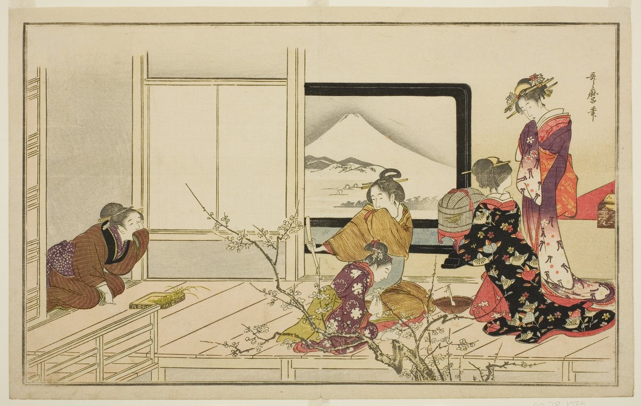 Příprava jídla pro slavíka, z ilustrované antologie kjóky "Mužský dupací tanec (Otoko toka)". od Kitagawa Utamaro
