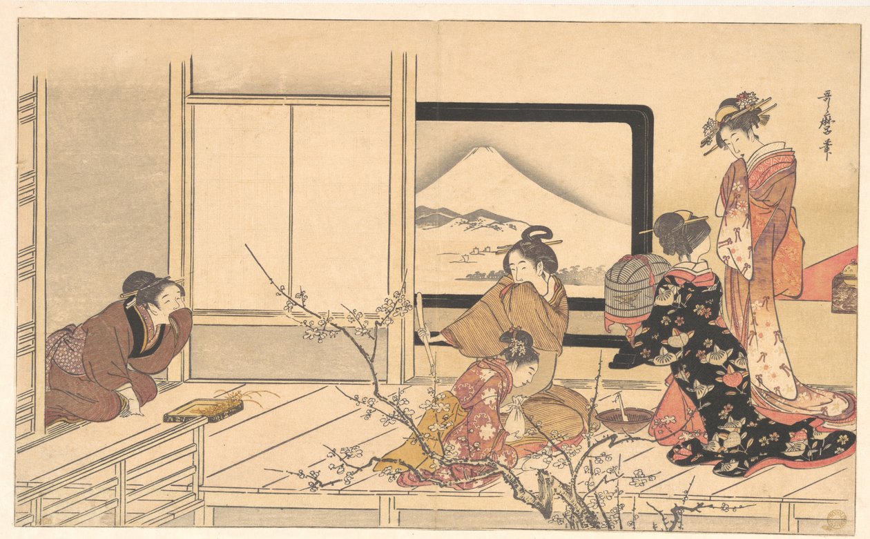 „Příprava potravy pro pěnici“, z alba Mužský dupavý tanec (Otoko dōka, uguisu no esa suri) od Kitagawa Utamaro