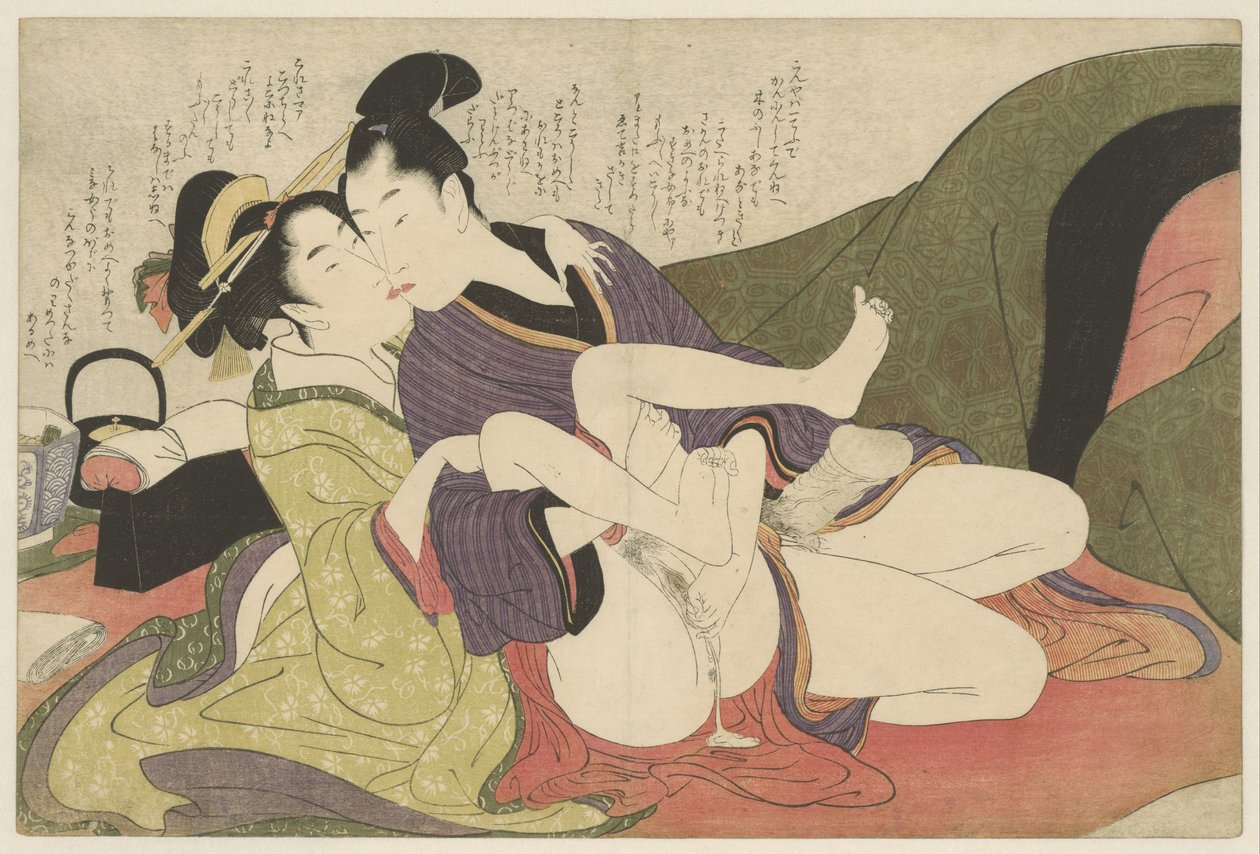 Prostitutka líbající mladý muž Negai no itoguchi (název série) od Kitagawa Utamaro