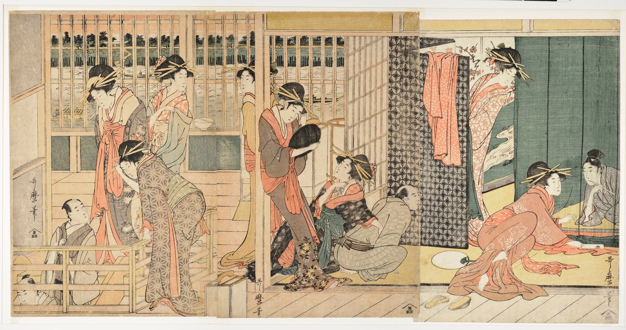 Ranní scéna v japonském "domě tolerance" (karitaku) - tisk Kitagawa Utamaro (1753-1806) od Kitagawa Utamaro