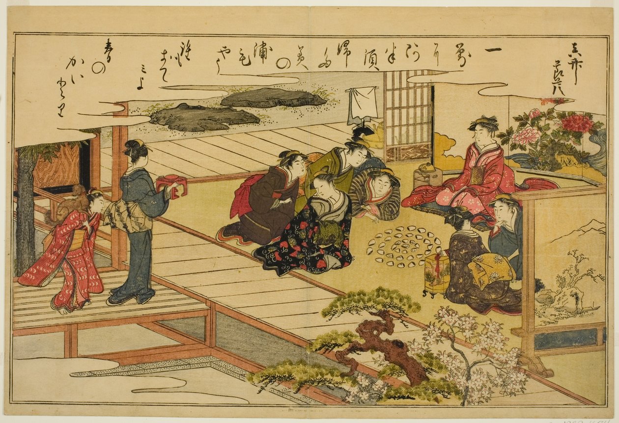 Shell-Matching Game, z ilustrované knihy „Dárky z odlivu (Shiohi no tsuto)“ od Kitagawa Utamaro
