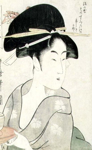 T. H. Riches 1913 Portrét ženy držící šálek čaje, ze série ´Meisho Koshikake Hakkei´ (dřevoryt) od Kitagawa Utamaro