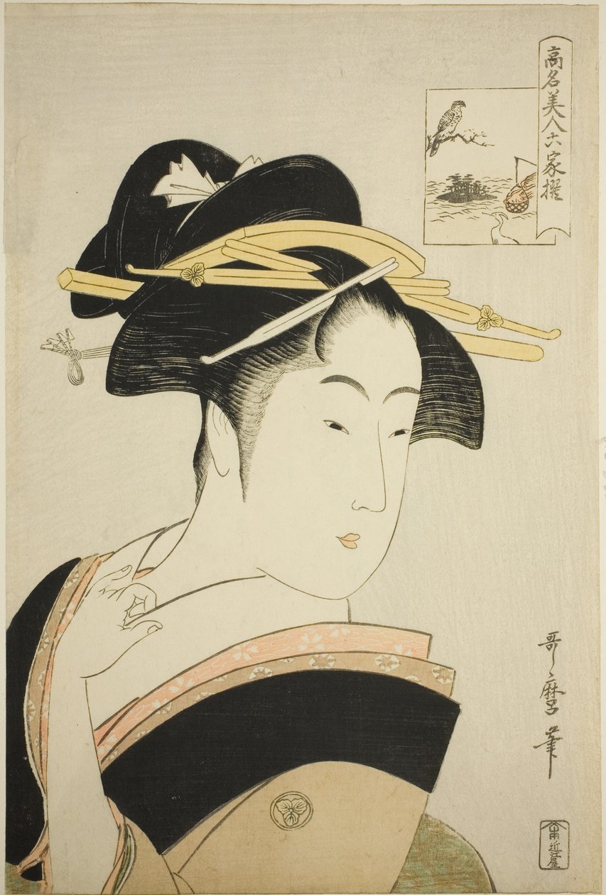 Takashima Ohisa, ze série „Renomované krásy připodobněné k šesti nesmrtelným básníkům (Komei bijin rokkasen)“ od Kitagawa Utamaro