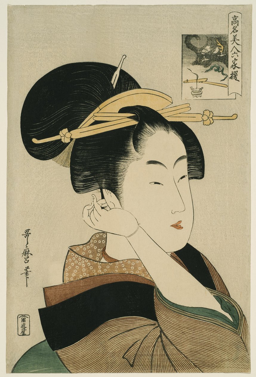 Tatsumi Roko, ze série „Renomované krásy připodobněné k šesti nesmrtelným básníkům“ („Komei bijin rokkasen“) od Kitagawa Utamaro