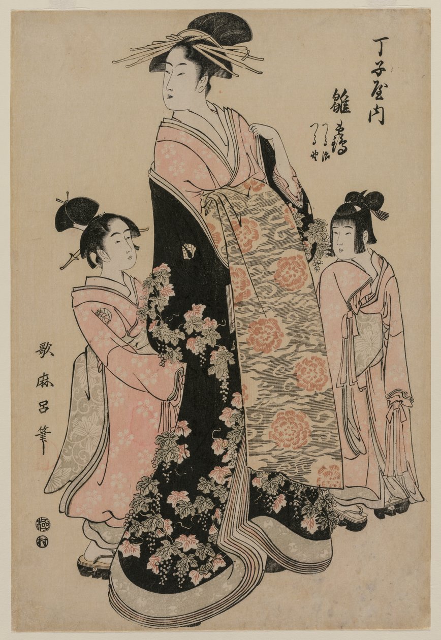Kurtizána Hinazuru z Chojiya se svými pomocníky Tsuruji a Tsuruno, c. 1794. od Kitagawa Utamaro