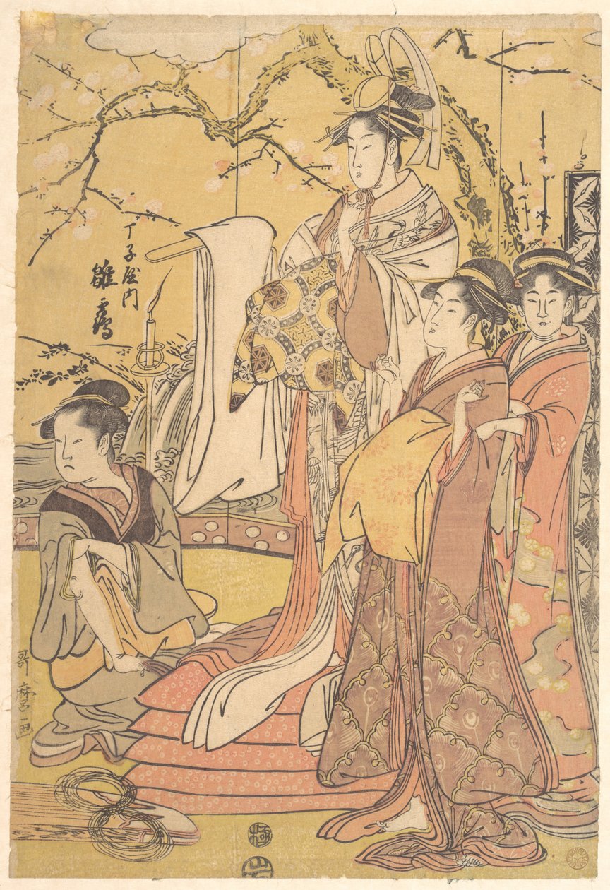 Oiran Hinazuru z Chojiya stojící na hromadě futonů od Kitagawa Utamaro