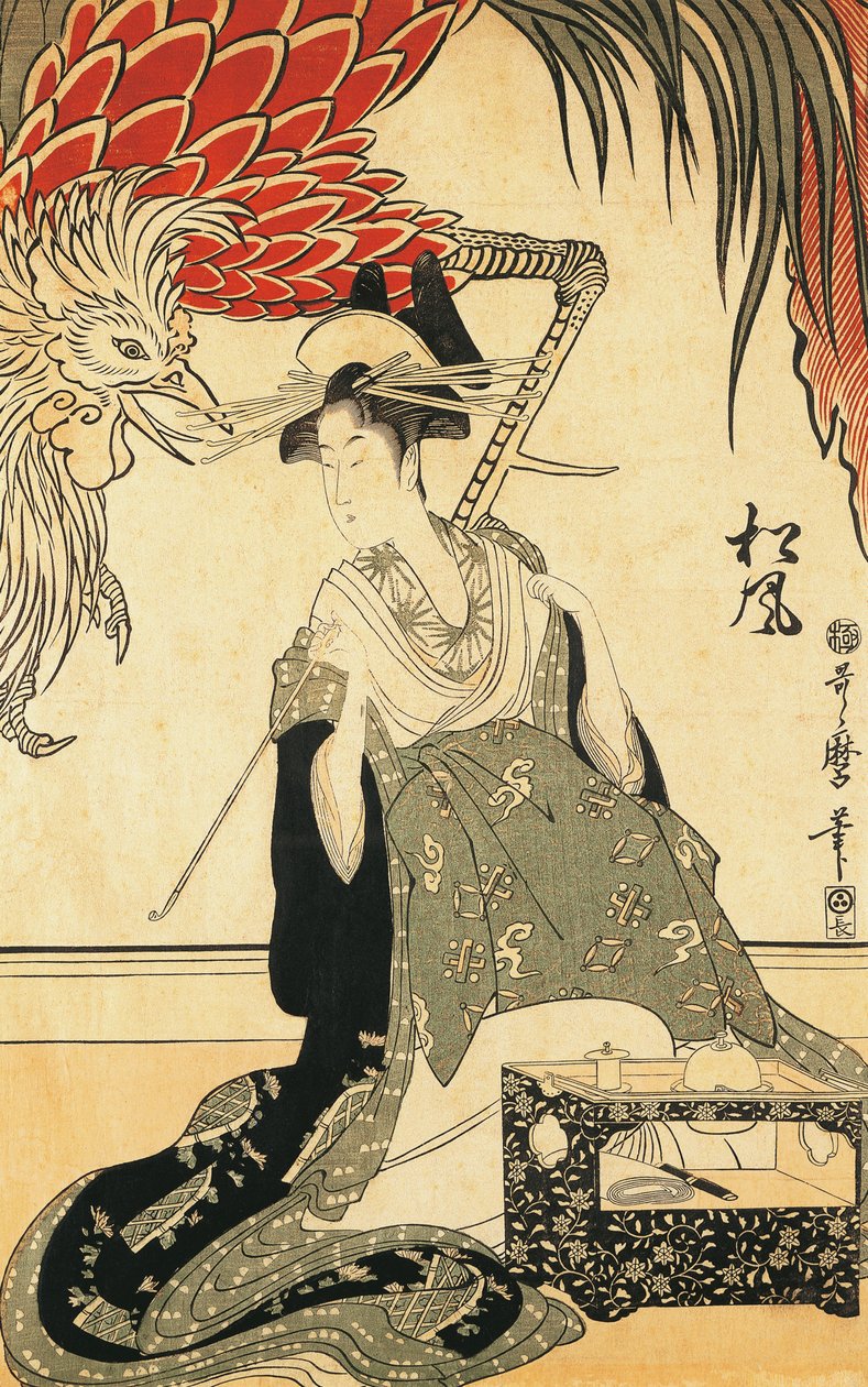 Oiran Matsuzake s dýmkou, Kitagawa Utamaro, dřevoryt od Kitagawa Utamaro