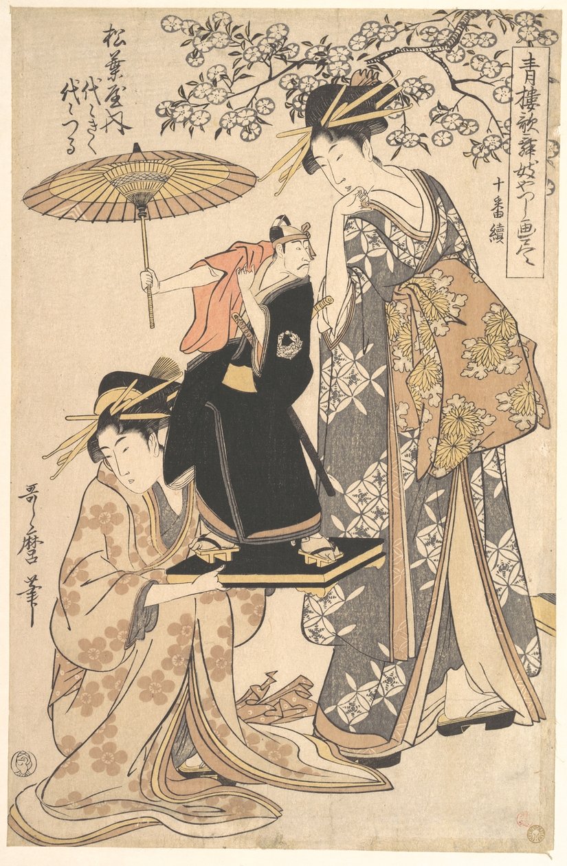 Oiran Yoyogiku z Matsubaya stojící pod třešňovým stromem od Kitagawa Utamaro