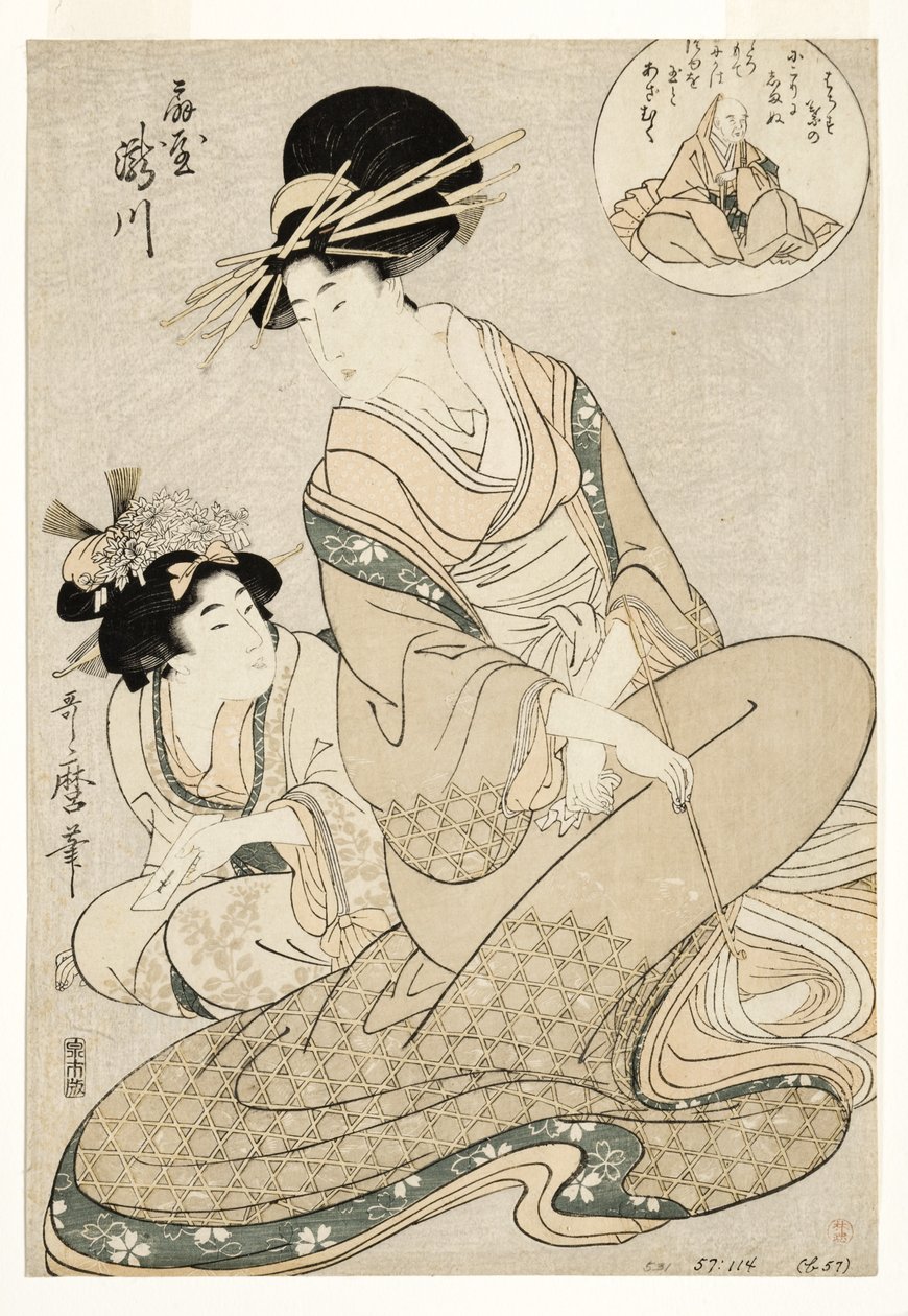 Kurtizána Takigawa a její sluha z Ogiya v narážce na básníka, 1800-02 (woodblock) od Kitagawa Utamaro