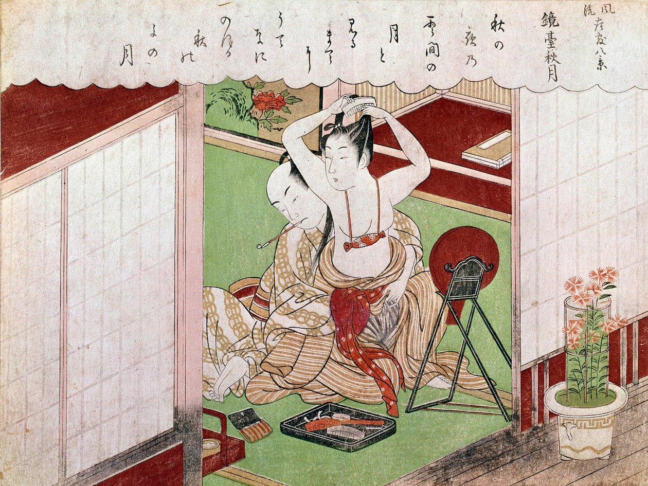 Toaleta s elegantním japonským tiskem Utamaro Kitagawa (1753-1806). Slunce. 0,38 x 0,25 m. 1794-1795. Paříž, Guimetovo muzeum, Národní muzeum asijského umění od Kitagawa Utamaro