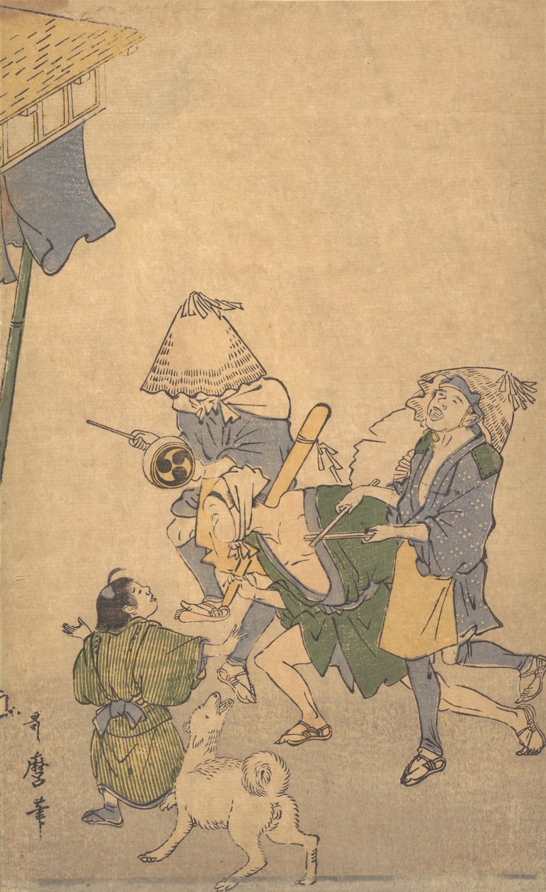 Tři hodovníci nižších tříd, nosící klobouky Komuso..., konec 18.-začátek 19. století. od Kitagawa Utamaro