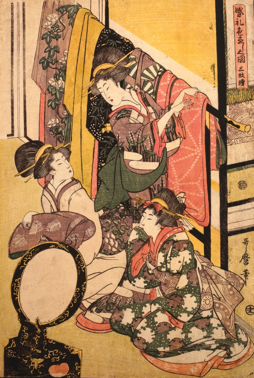 Tři dívky v obchodě s oblečením od Kitagawa Utamaro