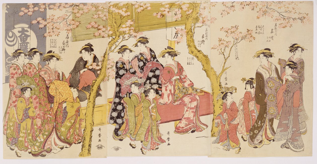 Tři skupiny kurtizán s jejich Shinzo a Kamuro od Kitagawa Utamaro