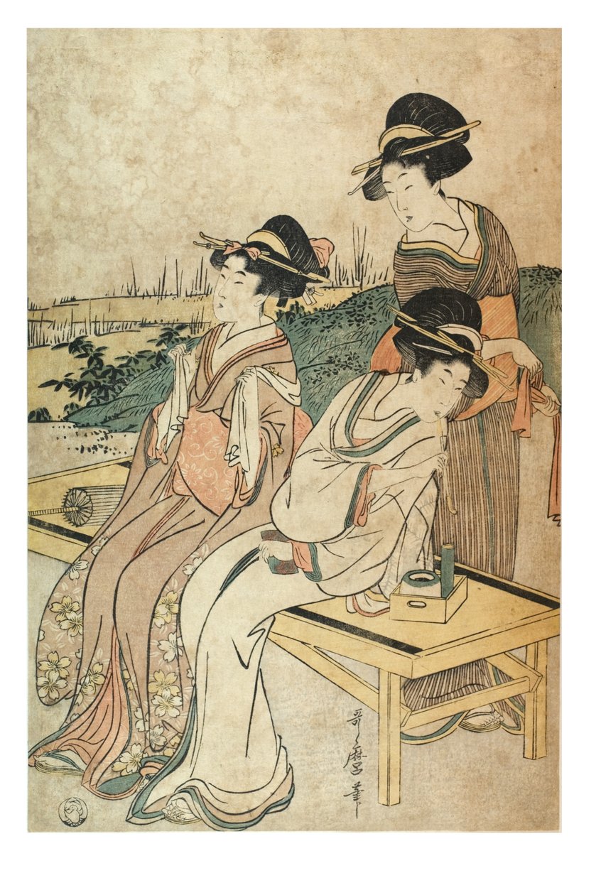 Tři ženy v krajině, ve volném čase, cca 1800-1801 (dřevořez na papíře) od Kitagawa Utamaro