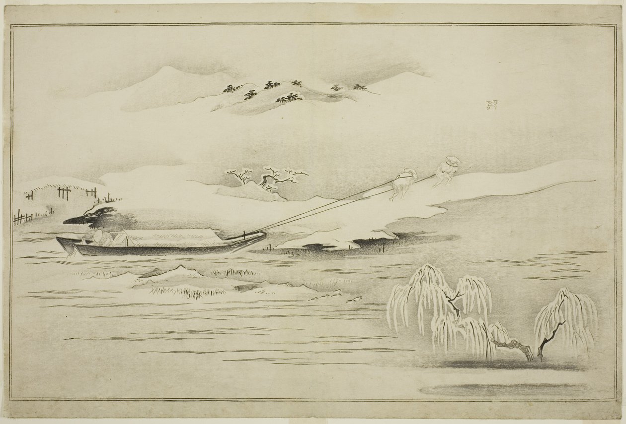Tažení člunu ve sněhu, z alba The Silver World, 1790 od Kitagawa Utamaro