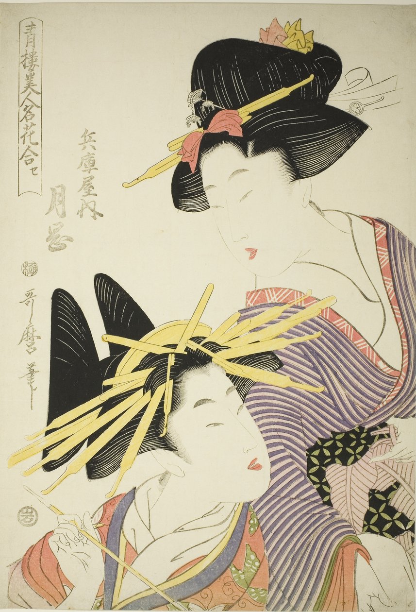 Tsukioka z Hyogoya (Hyogoya uchi tsukioka), ze série "Seiro bijin meika awase", asi 1801 (barevný dřevoryt; oban) od Kitagawa Utamaro