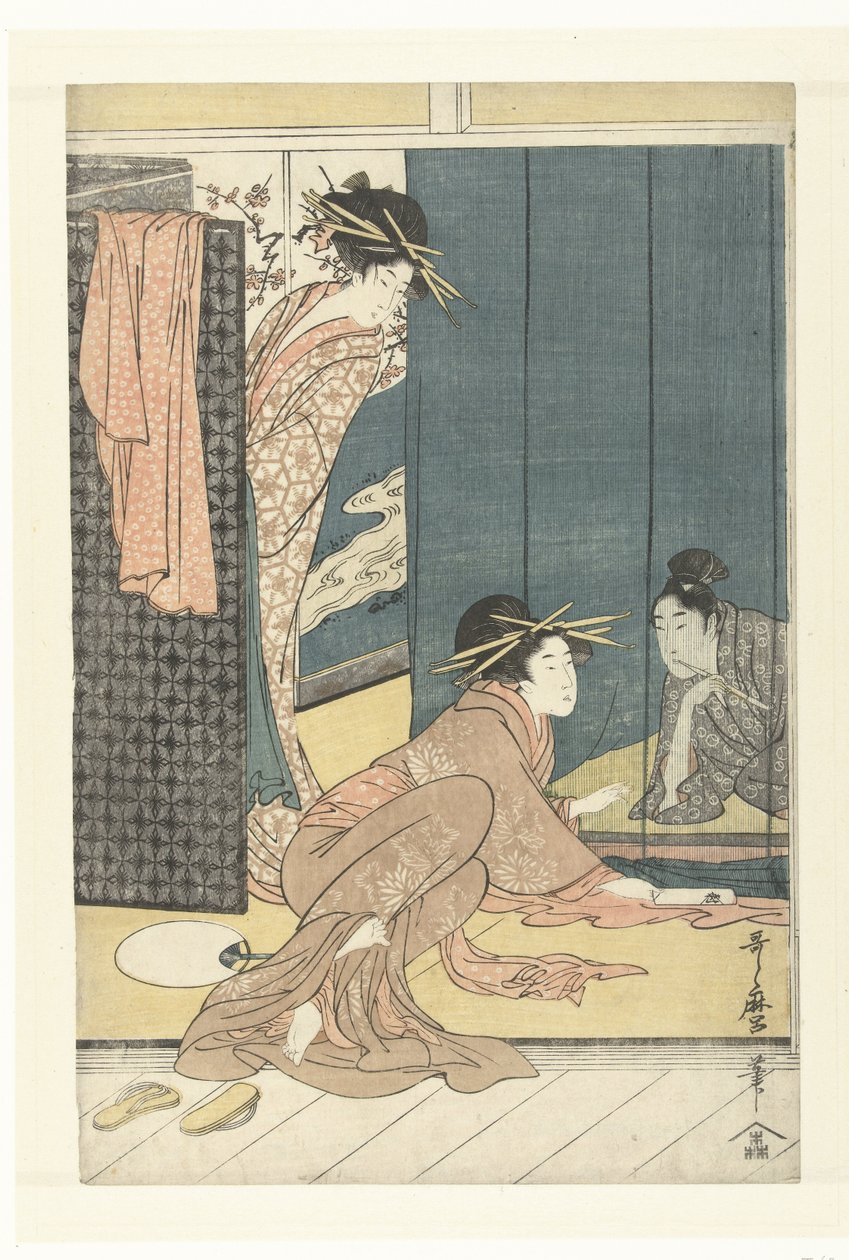 Dvě kurtizány a mladý muž pod moskytiérou od Kitagawa Utamaro