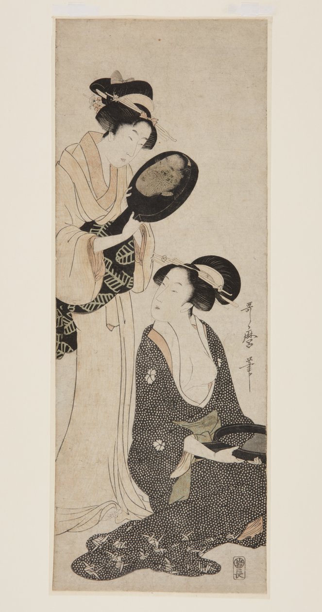 Dvě dámy, každá s částí lakovaného zrcadla (barevný dřevěný tisk) od Kitagawa Utamaro