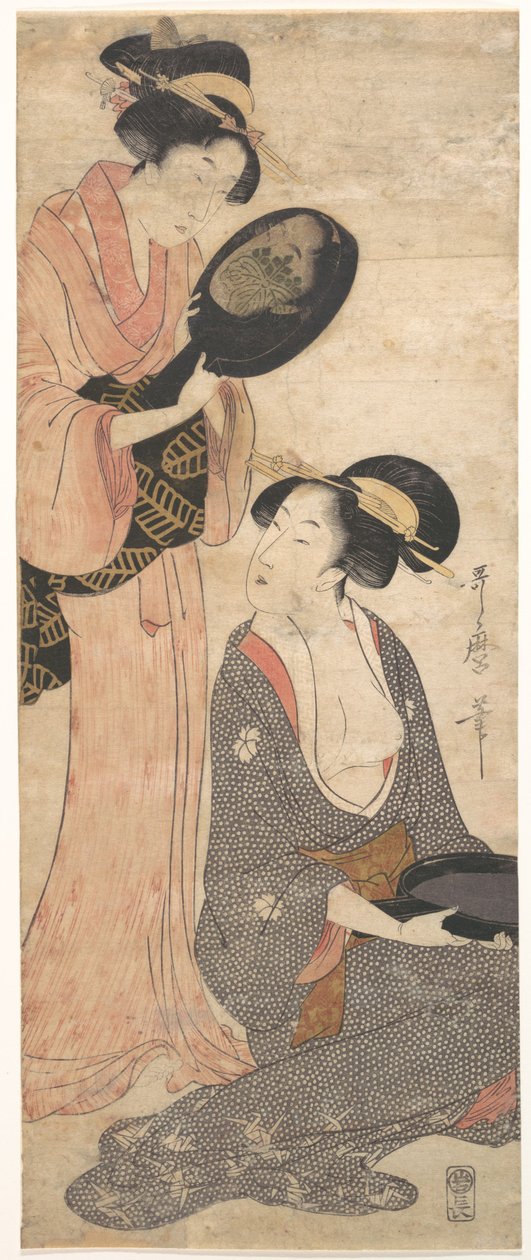 Dvě dámy, každá s částí lakovaného zrcadla od Kitagawa Utamaro