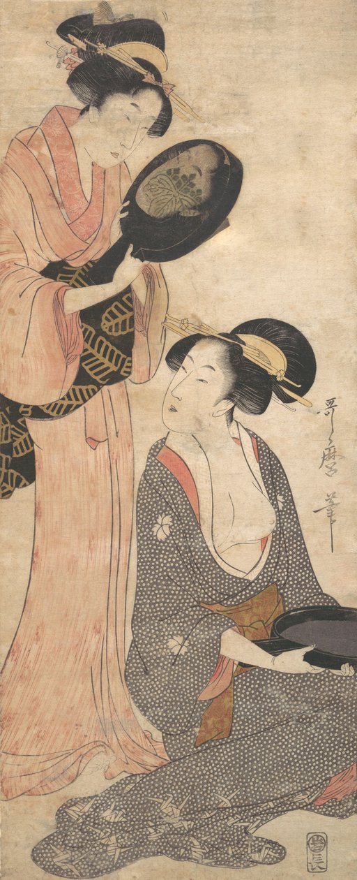 Dvě dámy, každá s částí lakovaného zrcadla, 90. léta 18. století. od Kitagawa Utamaro