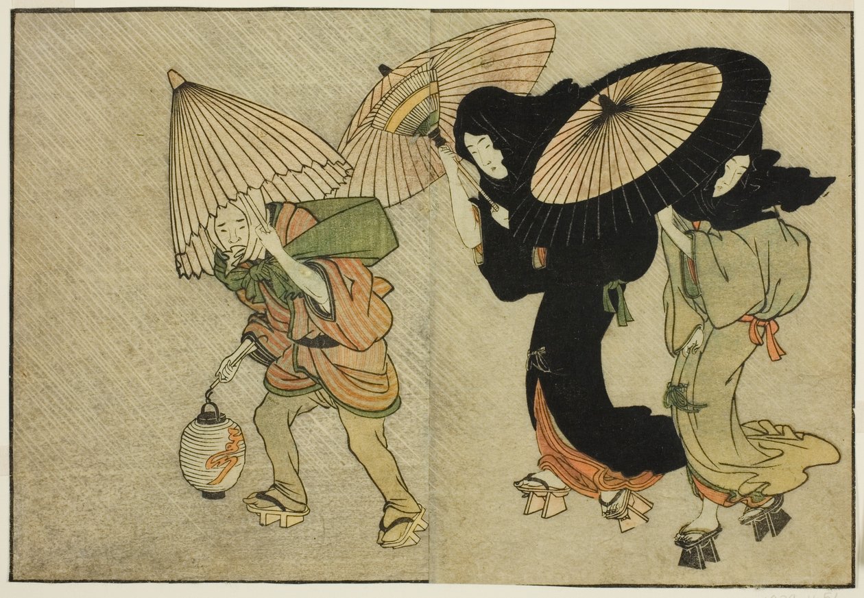 Dvě ženy a obsluha chycená v bouři, z ilustrované knihy "Obrázková kniha: Květiny čtyř ročních období (Ehon shiki no hana)", sv. 2 od Kitagawa Utamaro