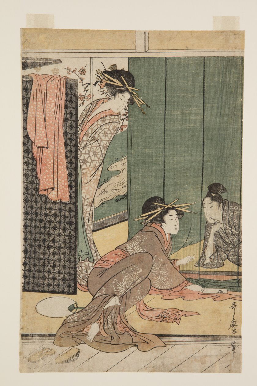 Dvě kurtizány a mladý muž pod moskytiérou (barevný dřevotisk) od Kitagawa Utamaro