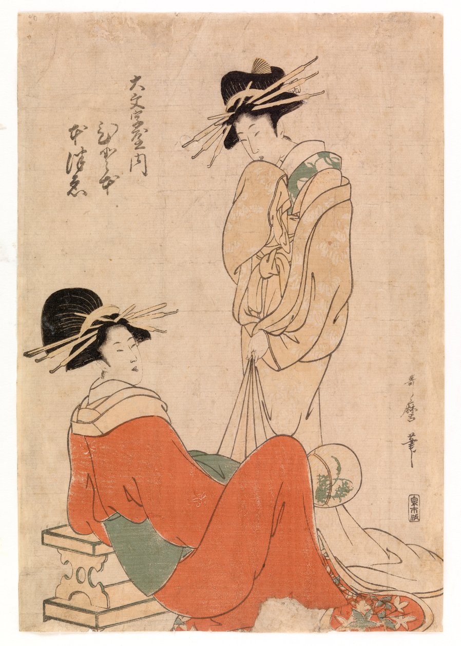 Dvě kurtizány, cca 1800-10 (barevný dřevoryt) od Kitagawa Utamaro