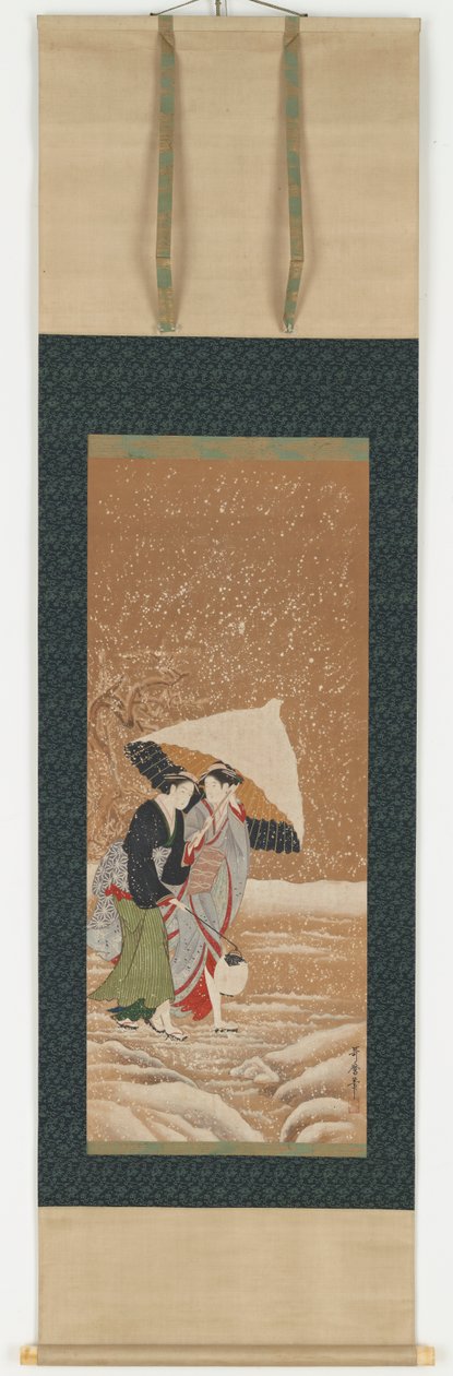 Dvě dívky pod deštníkem ve sněhové bouři, 1753-1806. od Kitagawa Utamaro