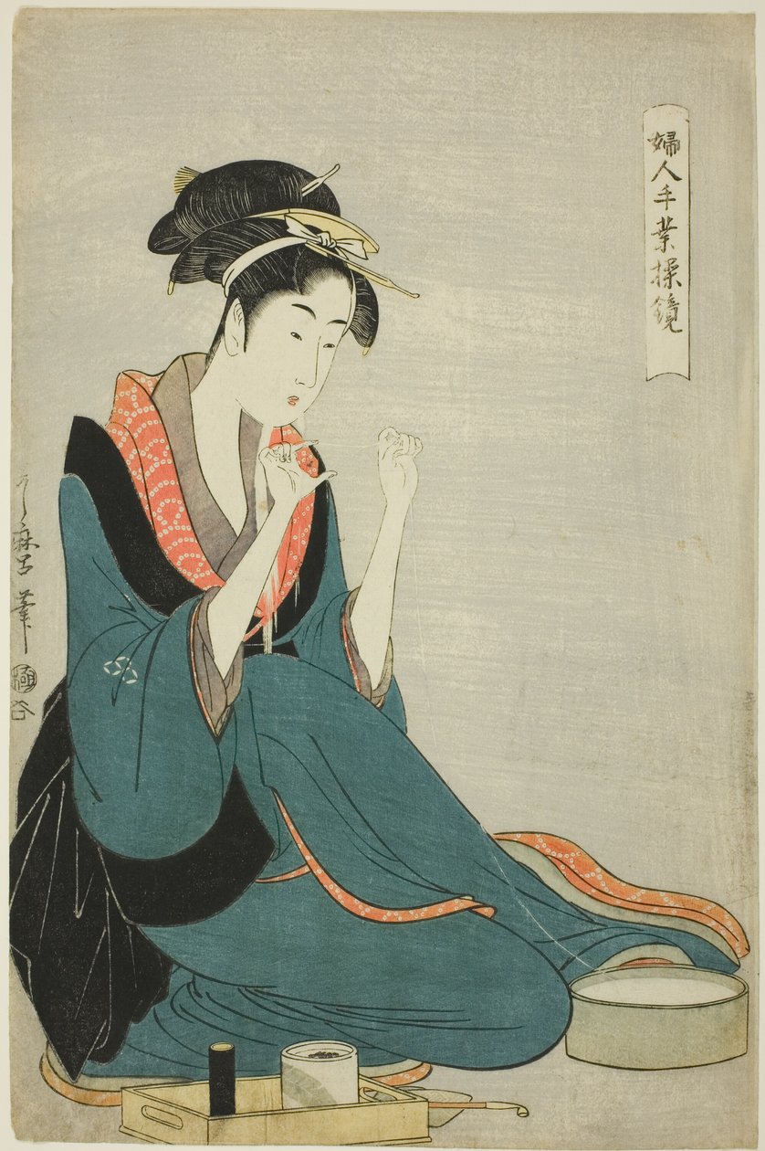 Vázací nit ze série „Dámské ruční práce: Modely obratnosti“ („Fujin tewaza ayatsuri kagami“) od Kitagawa Utamaro