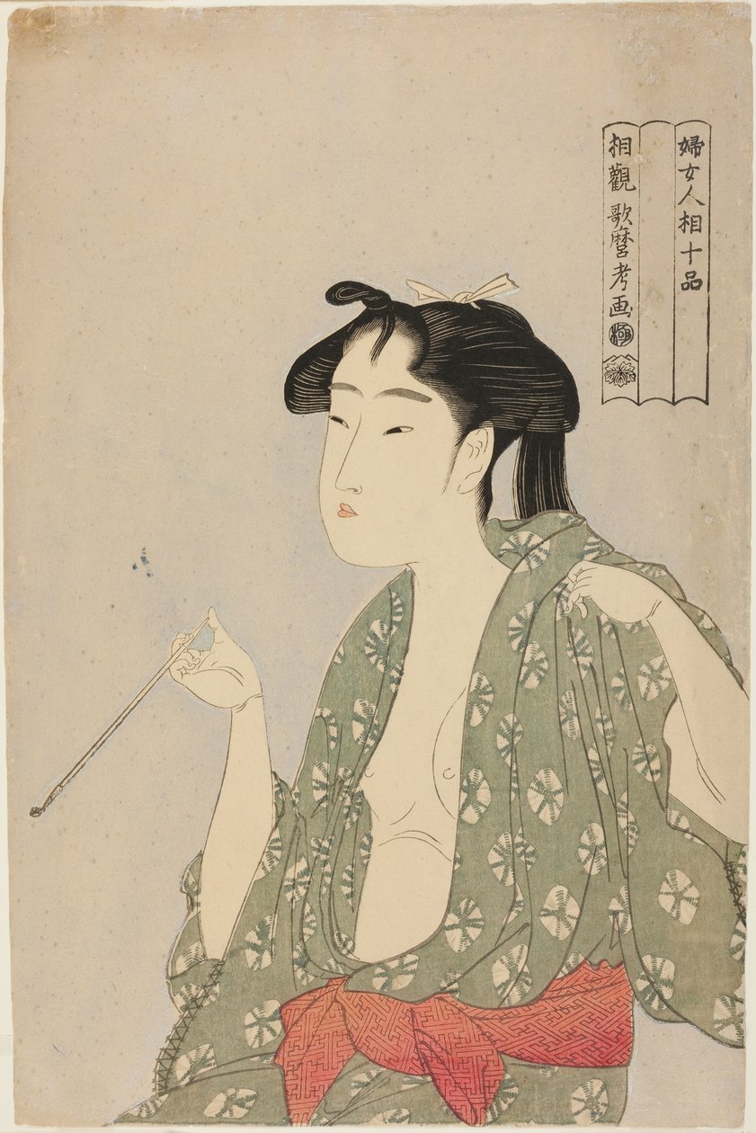 Žena vydechující kouř z dýmky, ze série „Deset tříd ženské fyziognomie (Fujo ninso juppon)“ od Kitagawa Utamaro