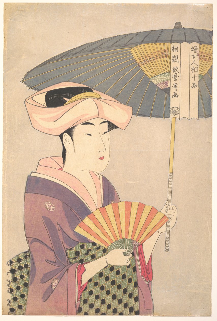 "Žena držící slunečník" ze série "Deset typů ženské fyziognomie" (Fujo ninsō juppen: Higasa o sasu onna) od Kitagawa Utamaro