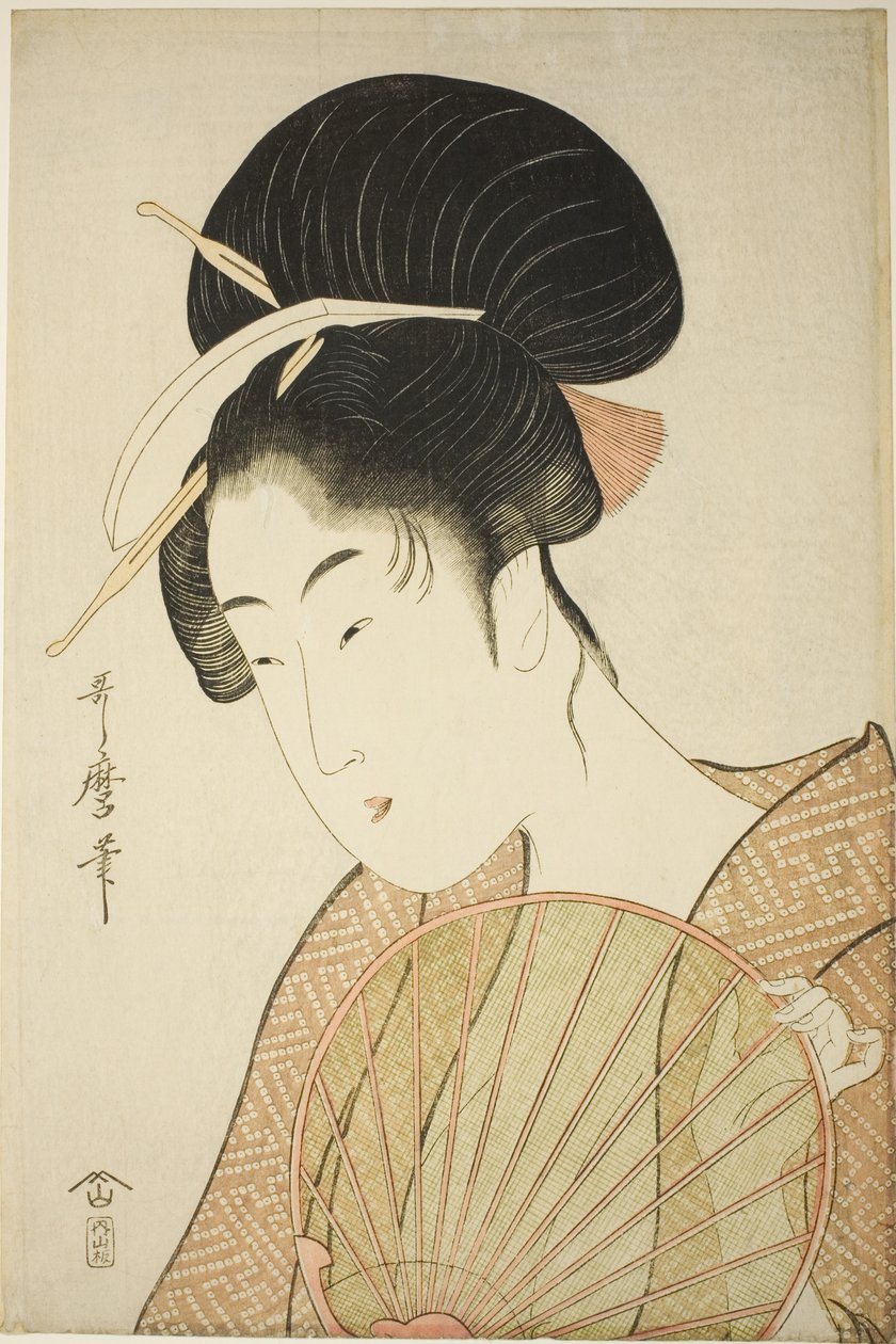 Žena držící kulatý ventilátor od Kitagawa Utamaro