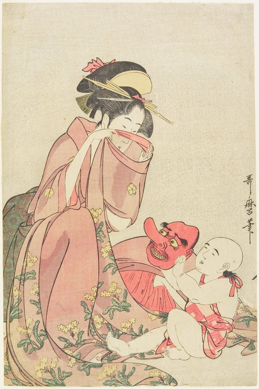 Žena si hraje s dítětem v masce tengu od Kitagawa Utamaro
