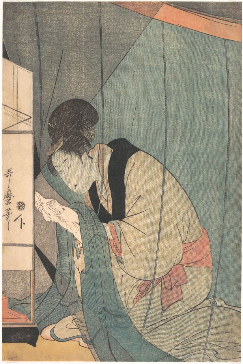 Žena čtoucí dopis pod moskytiérou od Kitagawa Utamaro