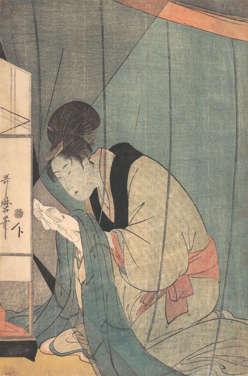 Žena čte dopis pod moskytiérou, ca. 1798. od Kitagawa Utamaro