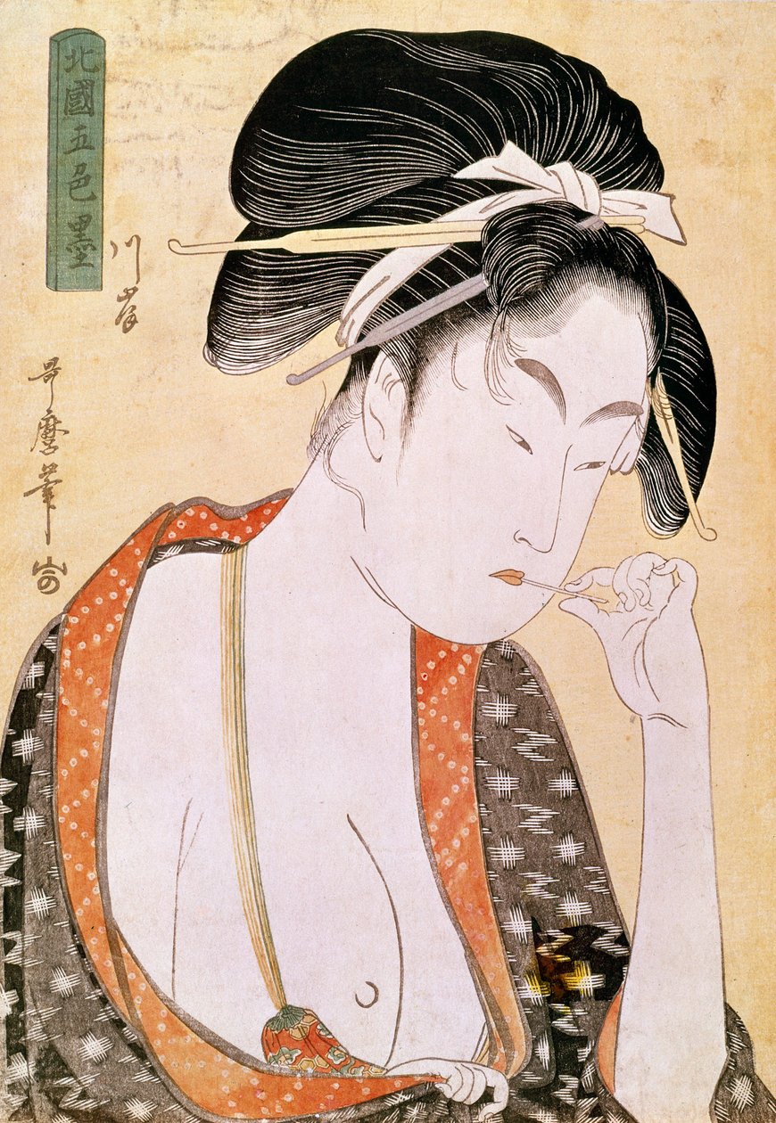 Žena touží po rtech Japonský tisk od Utamaro Kitagawa (1753-1806). 18. století. Paříž, Guimet Museum, Asian Arts Museum od Kitagawa Utamaro