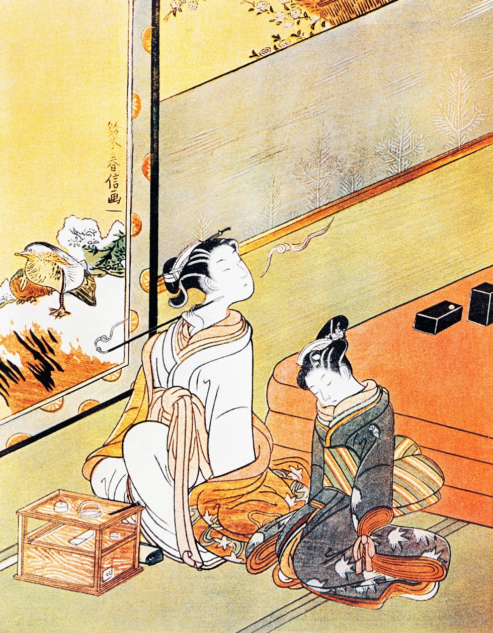 Žena kouřící dýmku, umělecký tisk ukiyo-e, škola Tosa, dřevoryt, japonská civilizace, období Edo od Kitagawa Utamaro