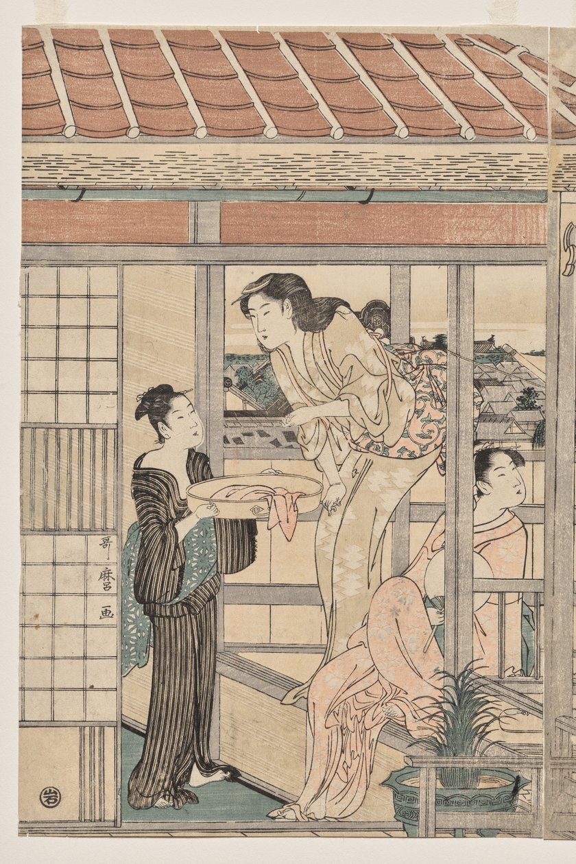 Ženy zavěšené prádlo k sušení na balkóně od Kitagawa Utamaro