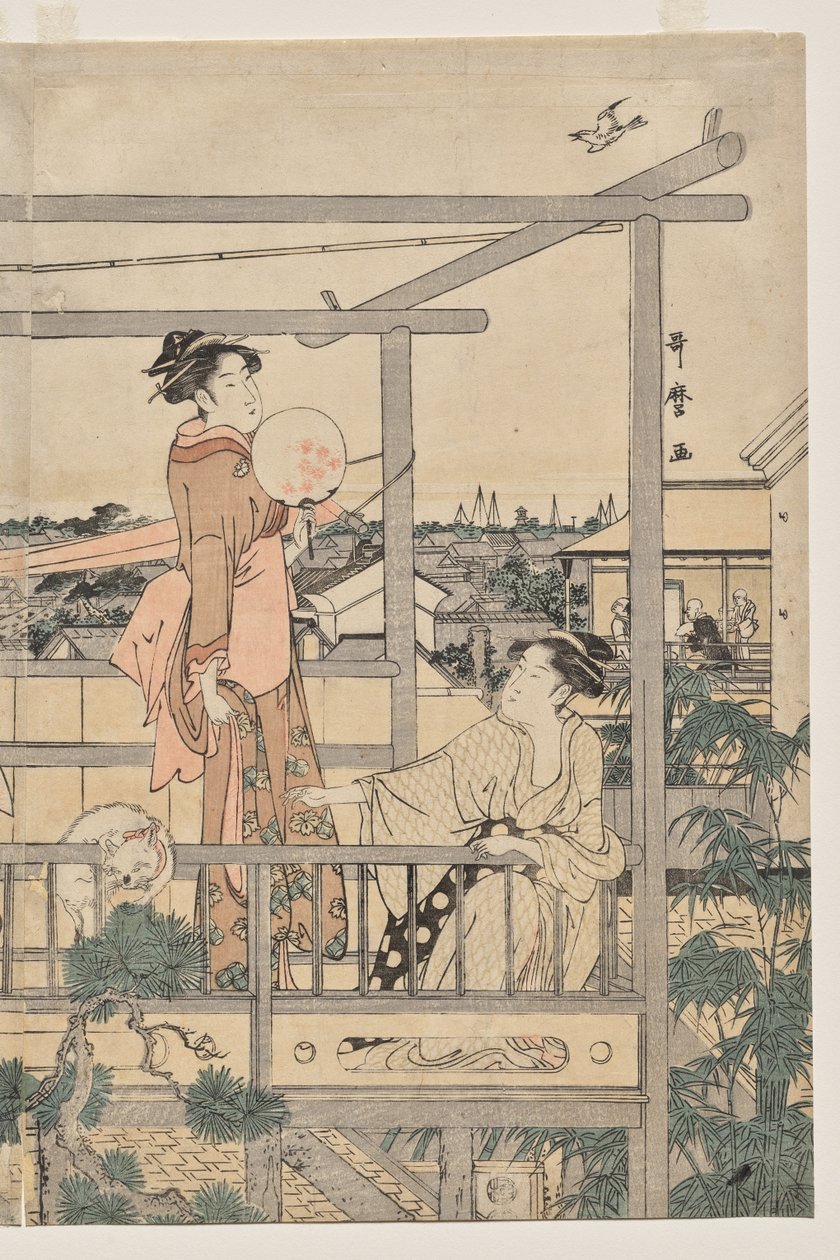 Ženy věší prádlo k sušení na balkóně od Kitagawa Utamaro