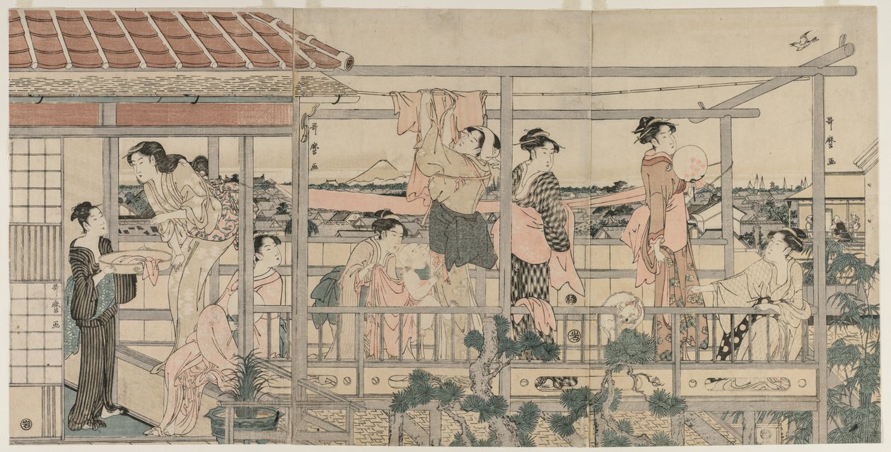 Ženy zavěšené prádlo k sušení na balkóně od Kitagawa Utamaro