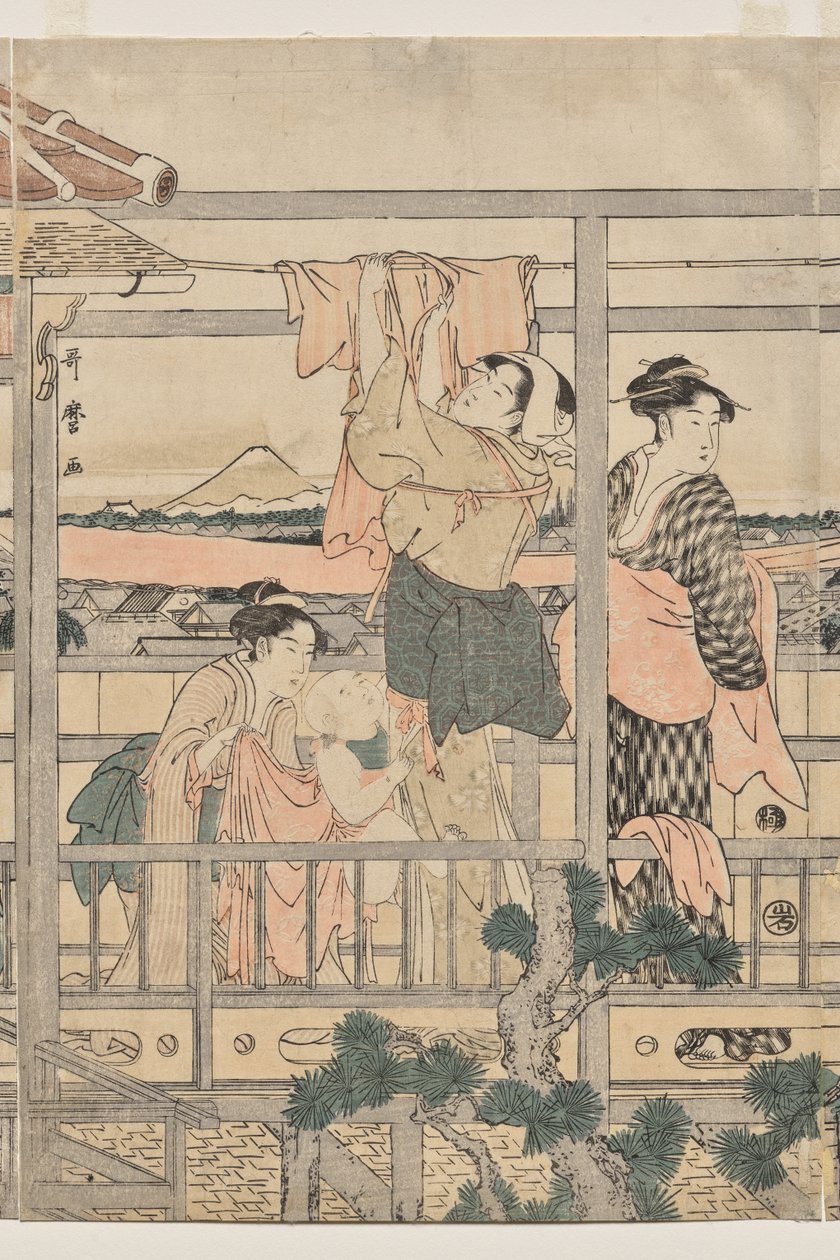 Ženy zavěšené prádlo k sušení na balkóně od Kitagawa Utamaro