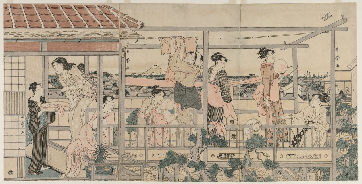 Ženy zavěšené prádlo k sušení na balkóně, počátek 90. let 18. století. od Kitagawa Utamaro