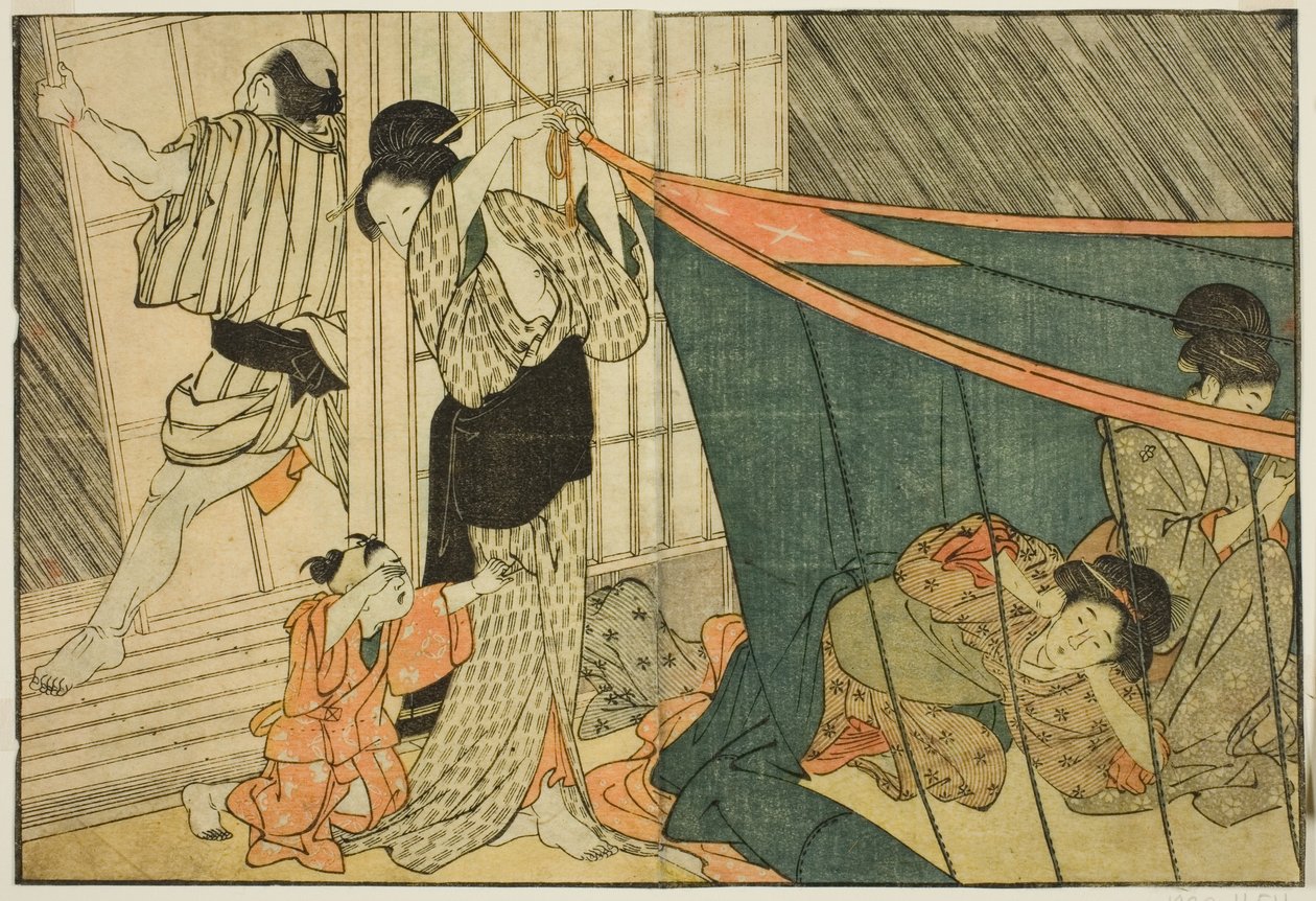 Ženy uvnitř moskytiéry během bouřky z ilustrované knihy "Obrázková kniha: Květiny čtyř ročních období (Ehon shiki no hana)", sv. 1 od Kitagawa Utamaro