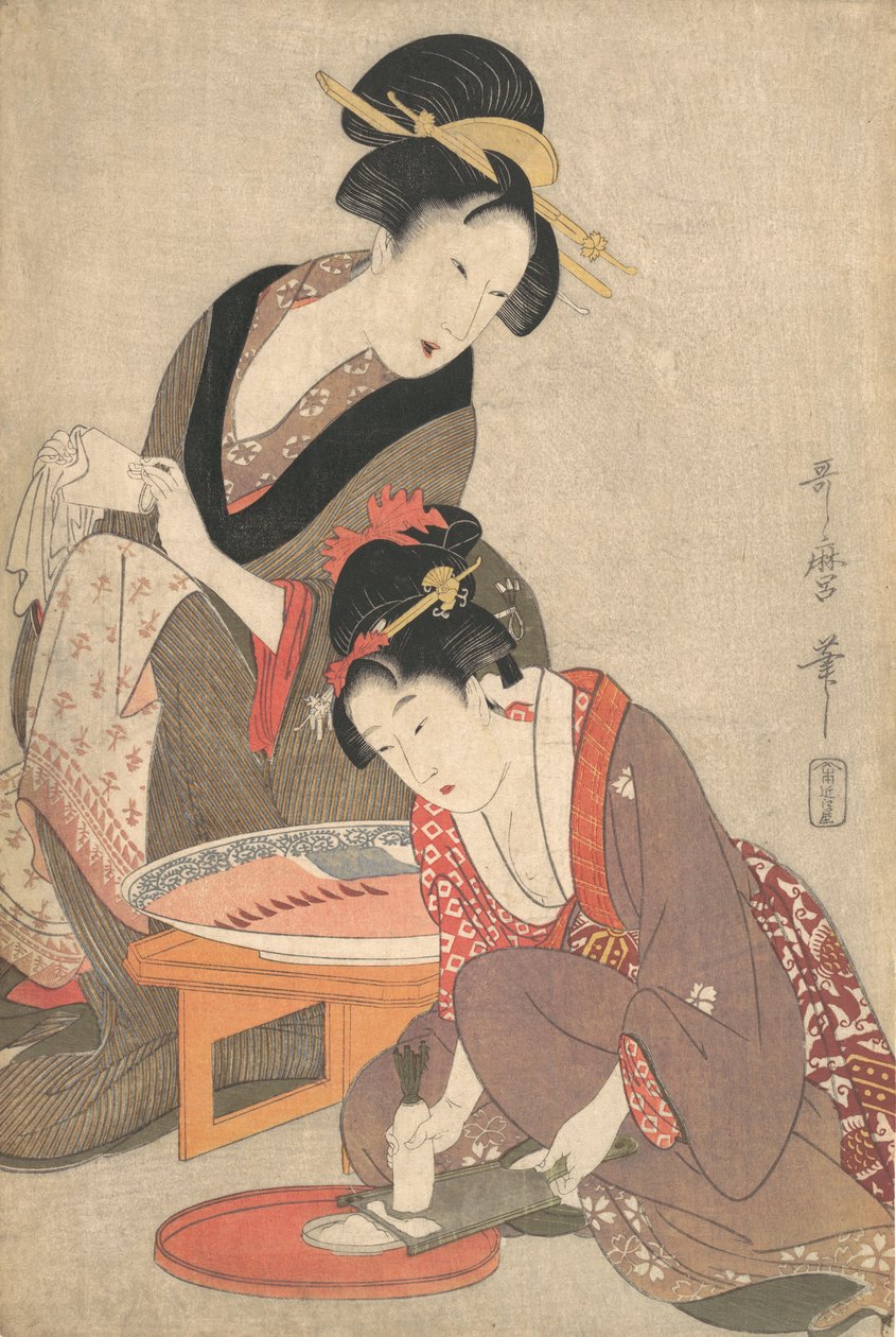 Ženy připravující sashimi, 1806-20. od Kitagawa Utamaro