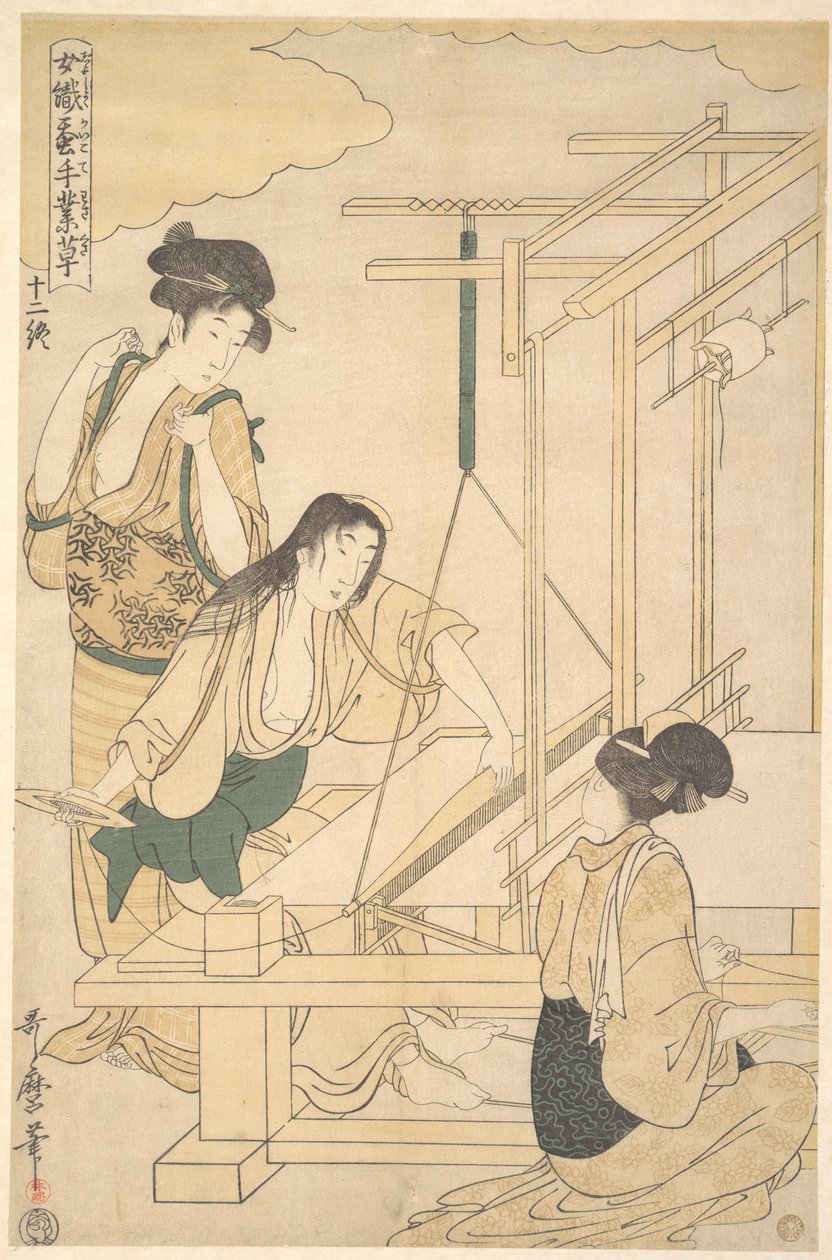 Ženy tkající hedvábnou látku od Kitagawa Utamaro